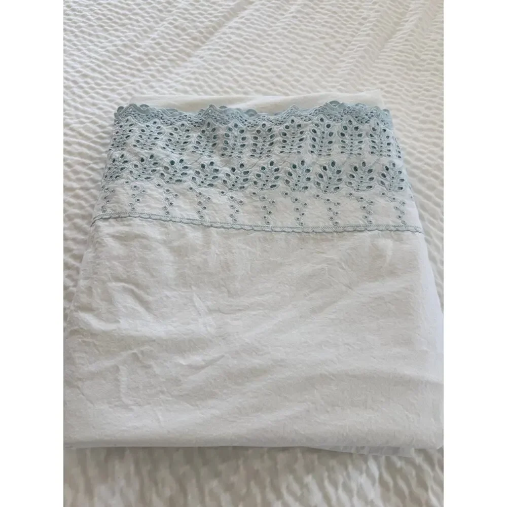 Rachel Ashwell Shabby Chic Queen Flat Sheet Blue Eyelet Lace Cotton Cottage
